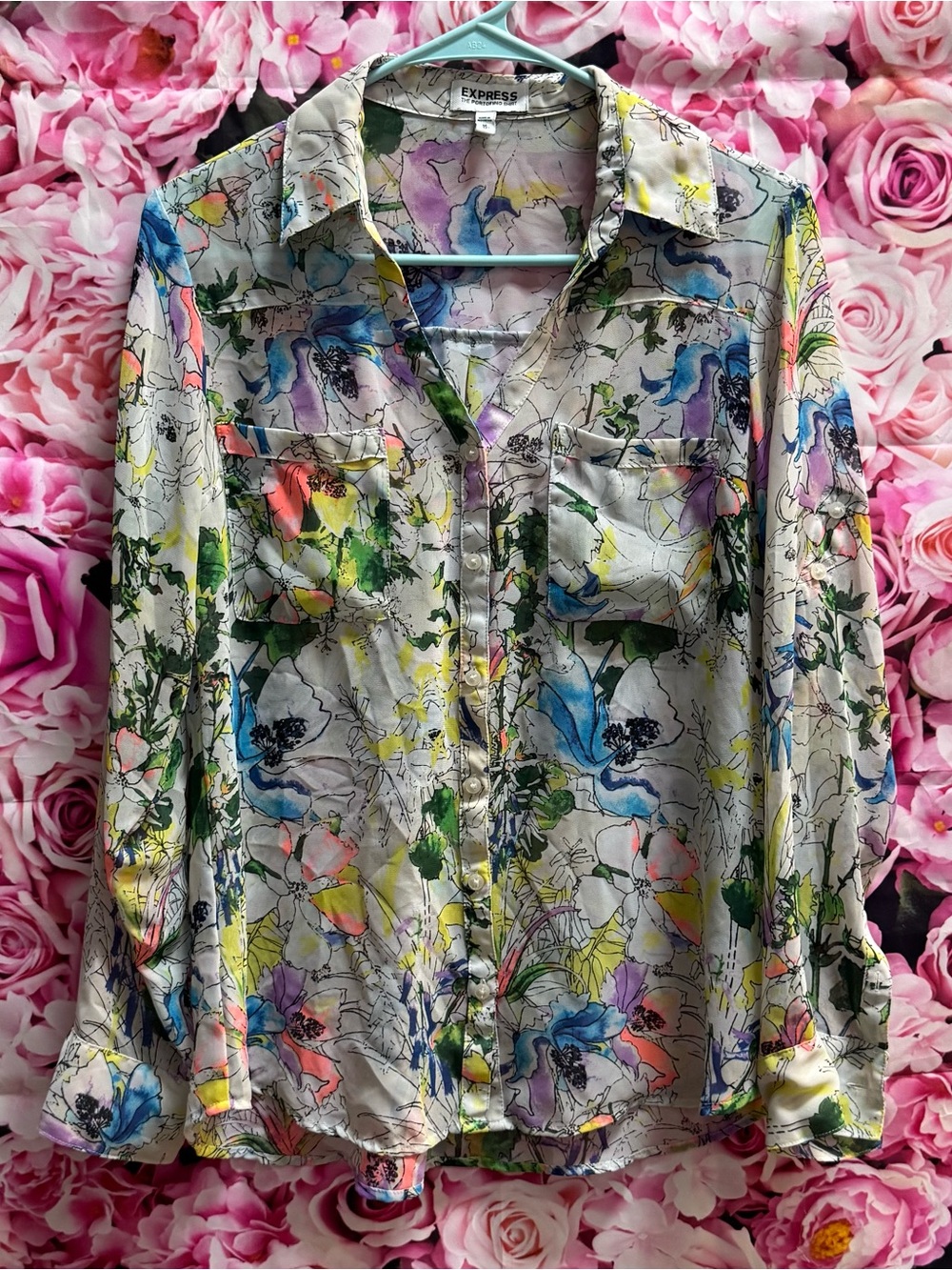 Retro Express Portofino Watercolor Floral Blouse - Purple, Blue, Yellow